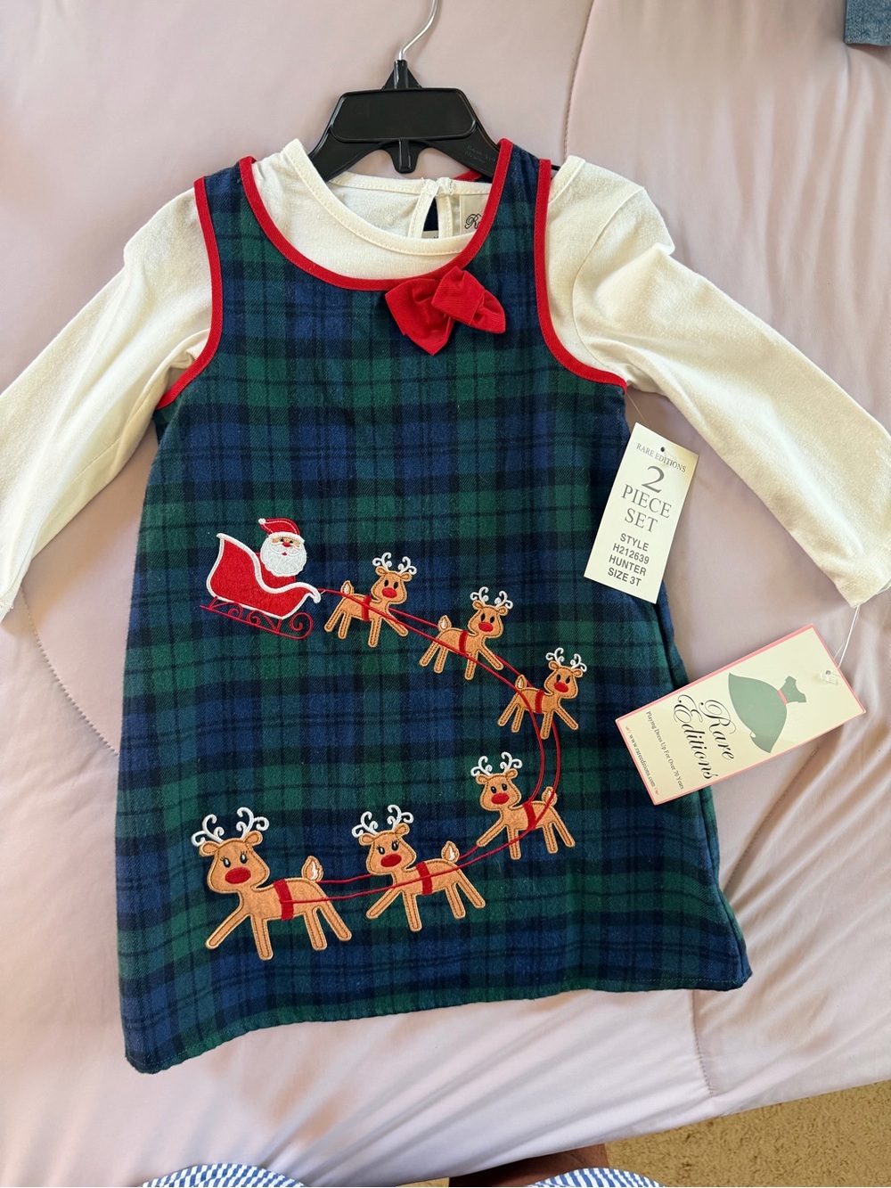 Green and Navy Plaid Dress with Reindeer Embroidery